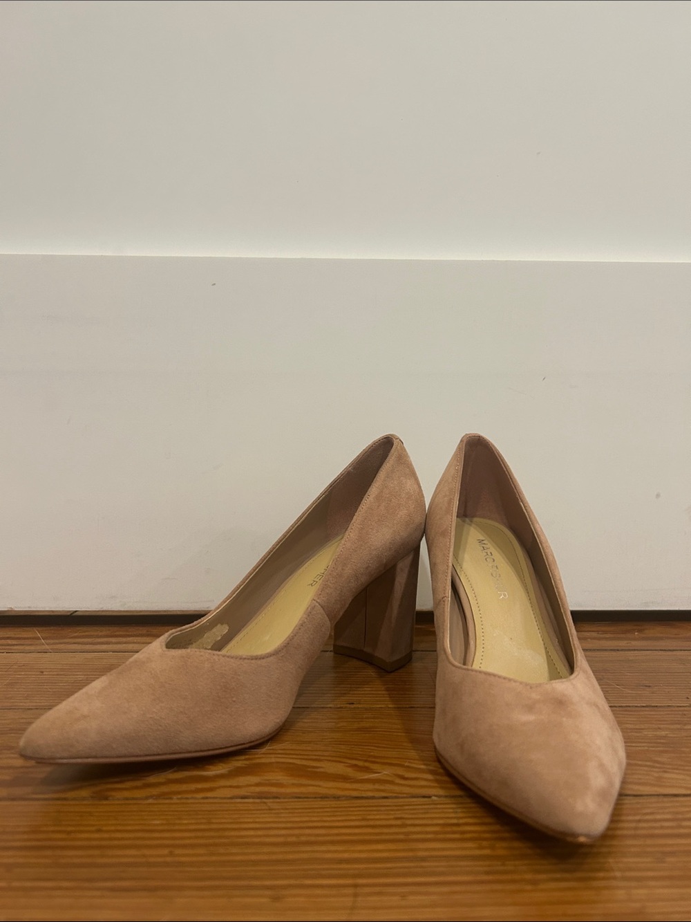 Marc Fisher Blush Suede Pointed Block Heel Pumps